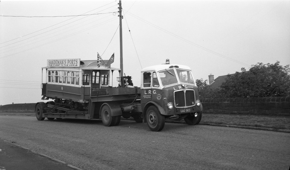 Oporto 9 arriving at the museum on a low loader. Photo courtesy of Crich TMS photo archive, circa 14/10/1964.