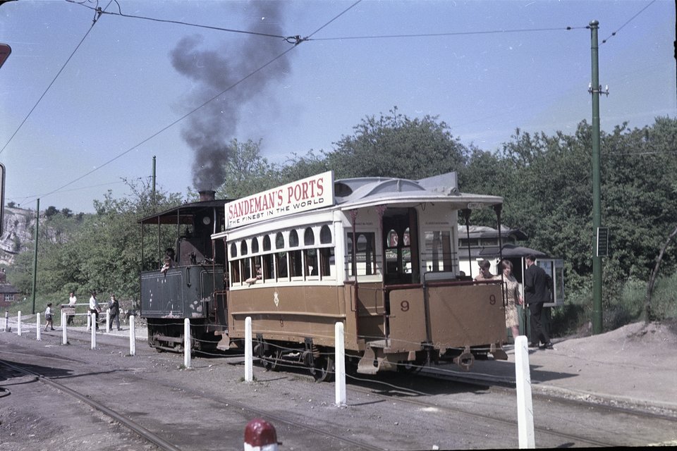 Oporto 9 being pulled by "John Bull" steam tram. Photo courtesy of Crich TMS photo archive.