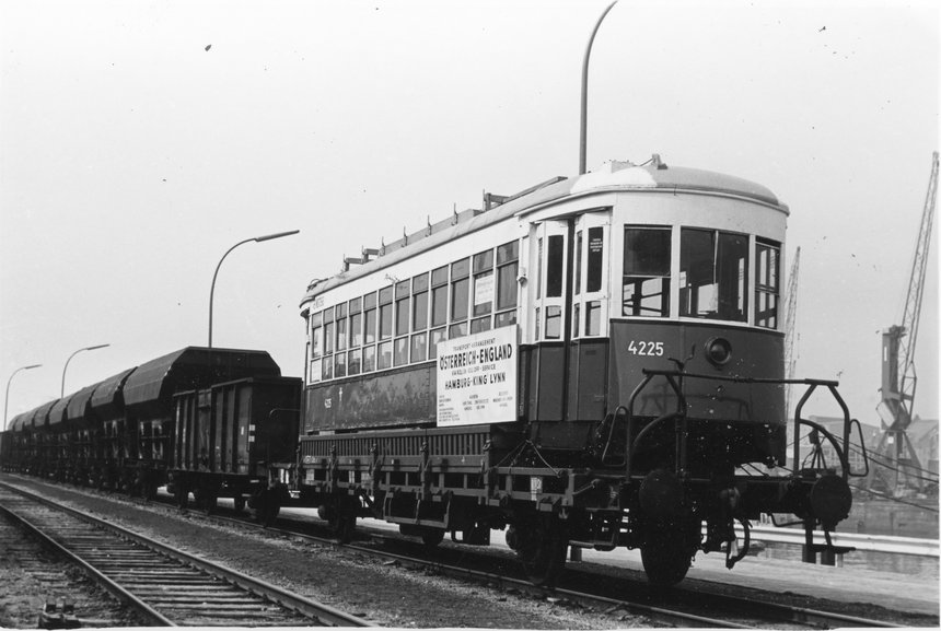 Vienna 4225 on the train at Hamburg docks, en route for England. Photo courtesy of Crich TMS photo archive, 16/4/1970.