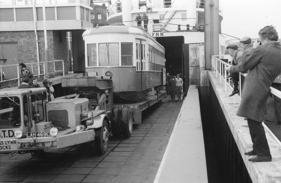 Vienna 4225 coming off the ferry at King's Lynn on 16/4/1970. Photo courtesy of Crich TMS photo archive.