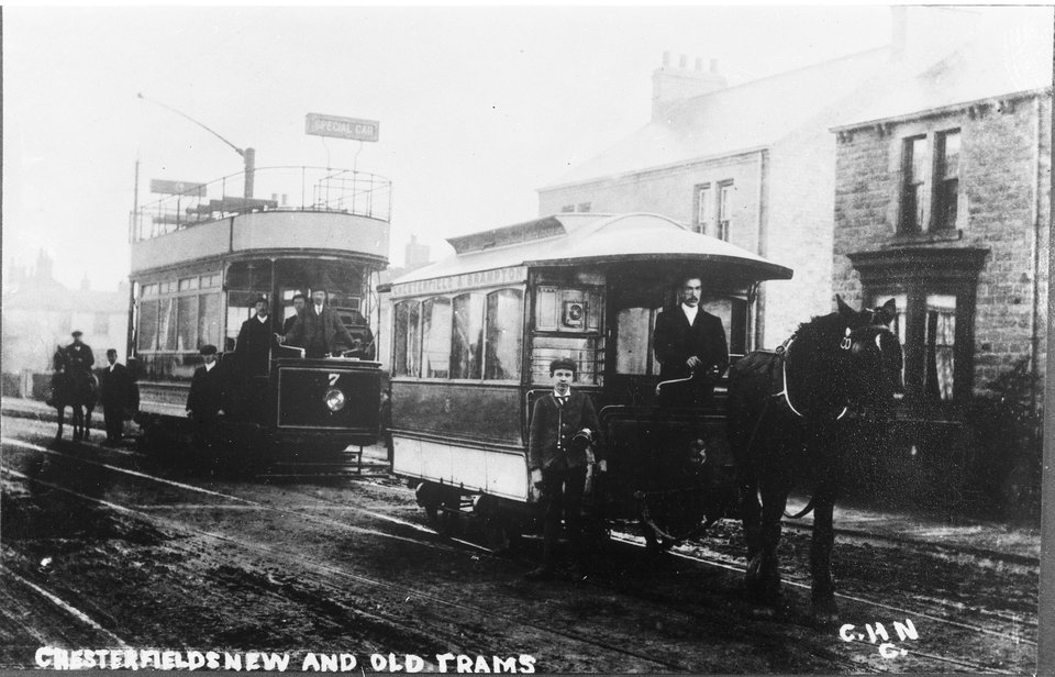 Chesterfield 7 with horse tram 8 depicting 'the old and the new'. Photo courtesy of Crich TMS photo archive.