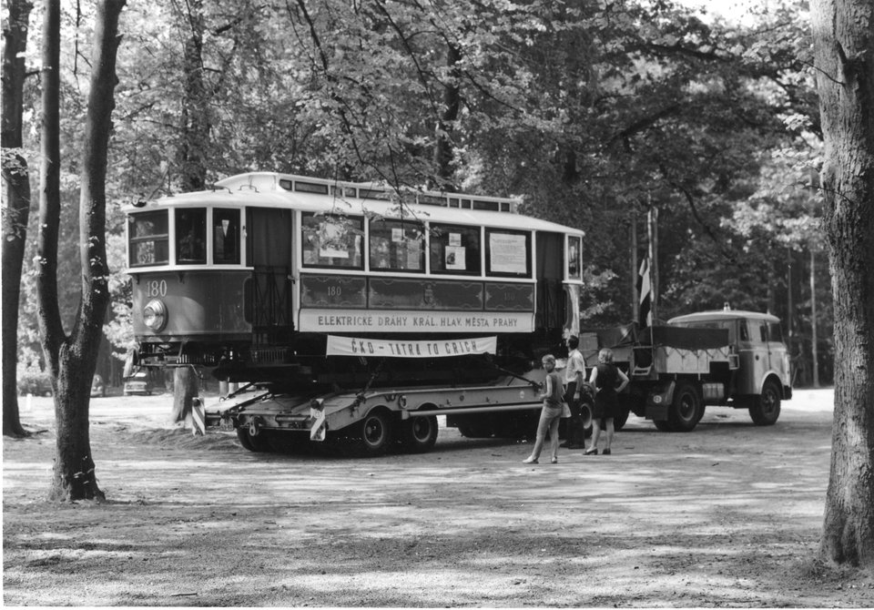 Prague 180 bound for Crich; photographed on 23/8/1968 following the Warsaw Pact invasion of Czechoslovakia less than 3 days earlier. Photo courtesy of Crich TMS photo archive