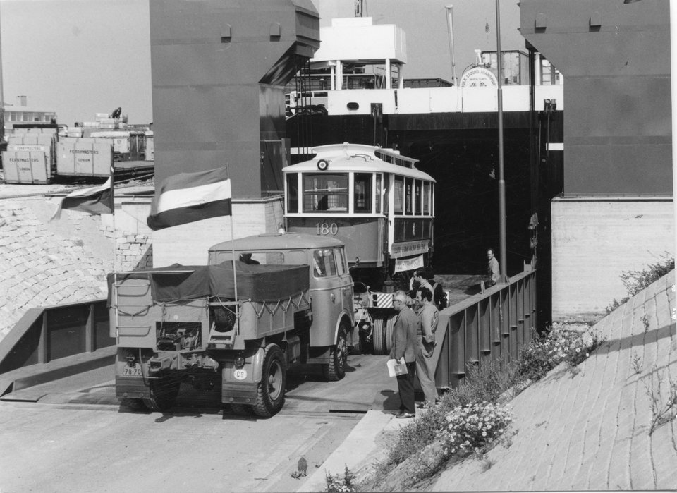 180 boarding the Europic ferry at Europort on 27/8/1968. Photo courtesy of Crich TMS photo archive