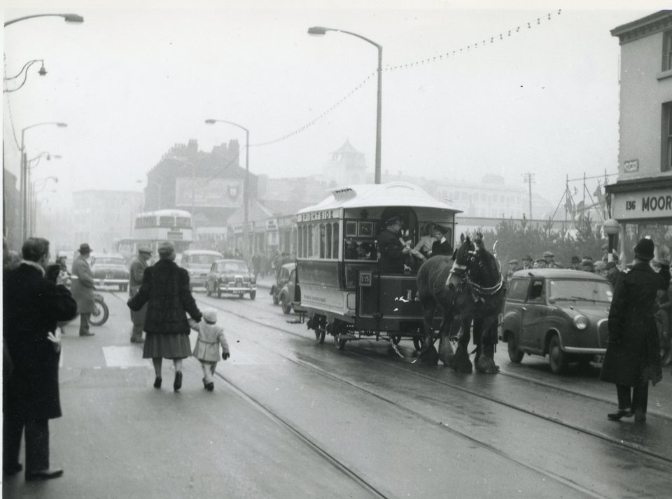 Sheffield 15 back in service on the Moor, in Sheffield, Christmas 1961. Photo courtesy of Crich TMS photo archive.