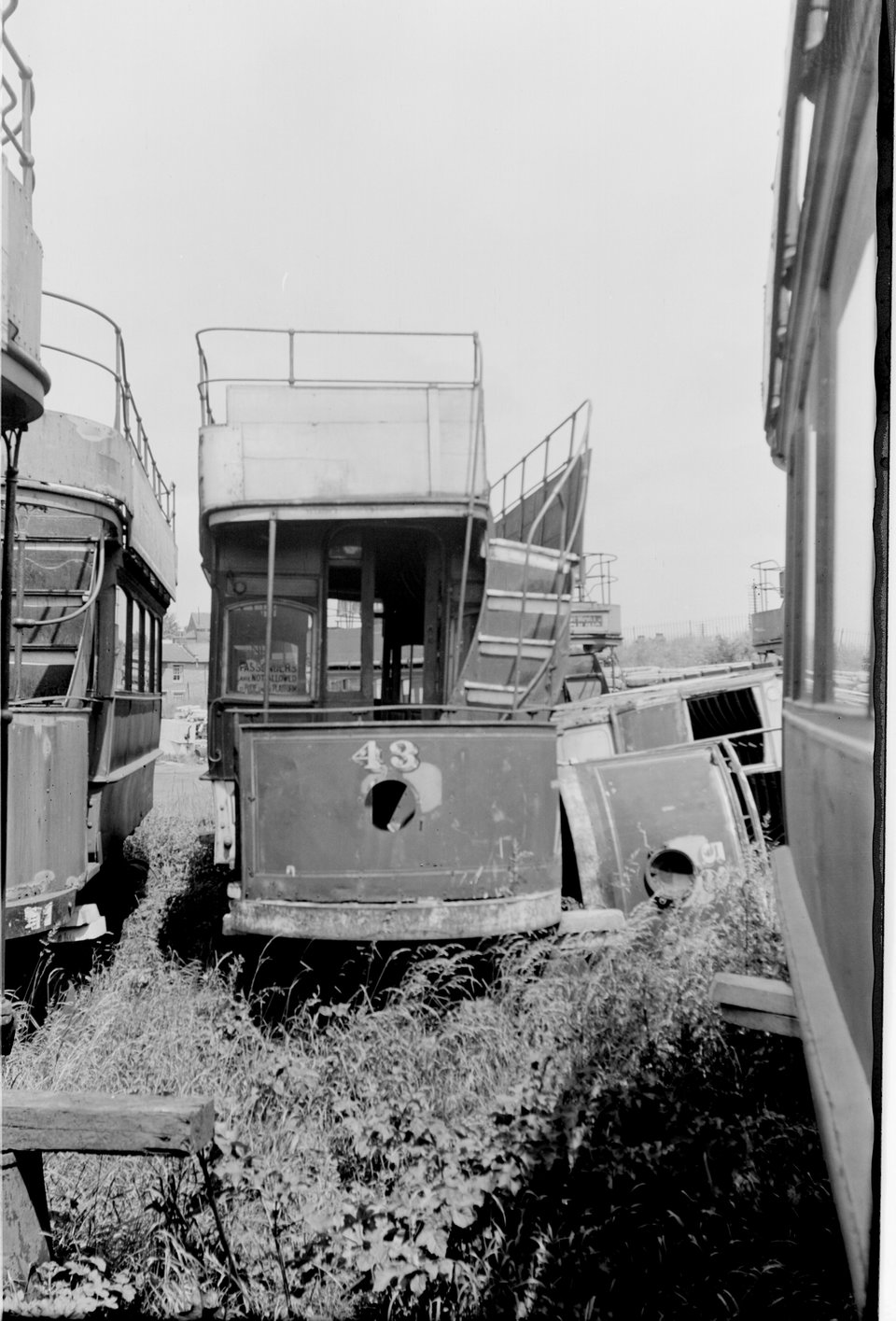 Sister car 43 in St Dennys scrap yard, Southampton; an all too common fate for most of Britain's remaining tramcars after the war. H.B. Priestley, 11/6/1949
