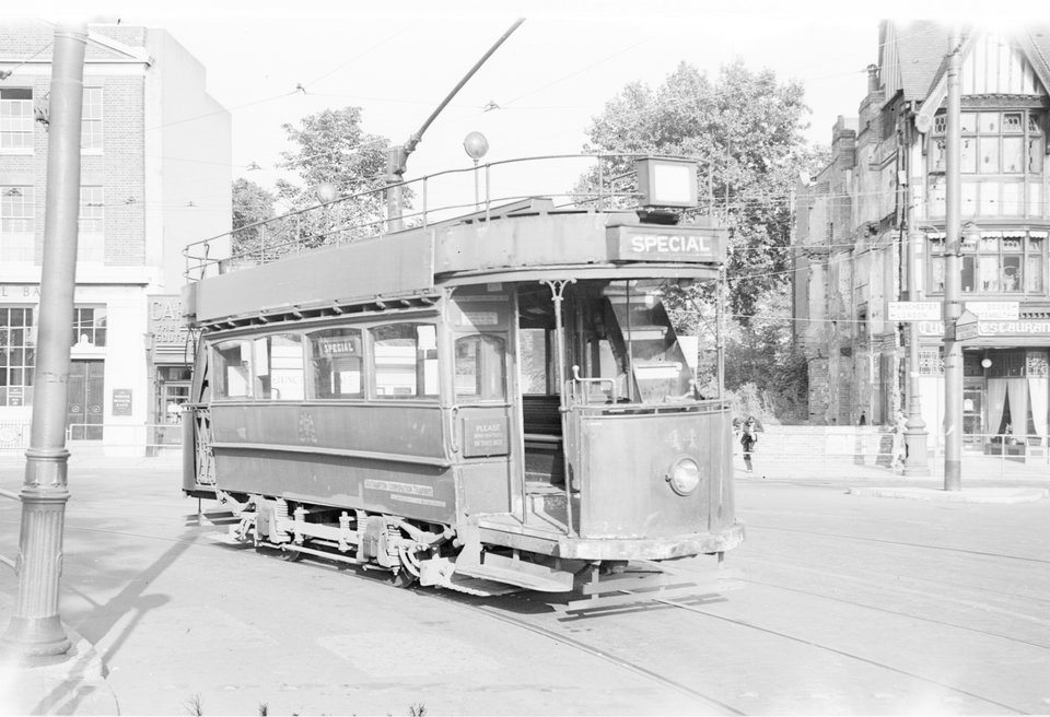 Sister tram 44, the one that was originally selected for preservation on an LRTA special tour in August 1949. D.W.K. Jones, date unknown.