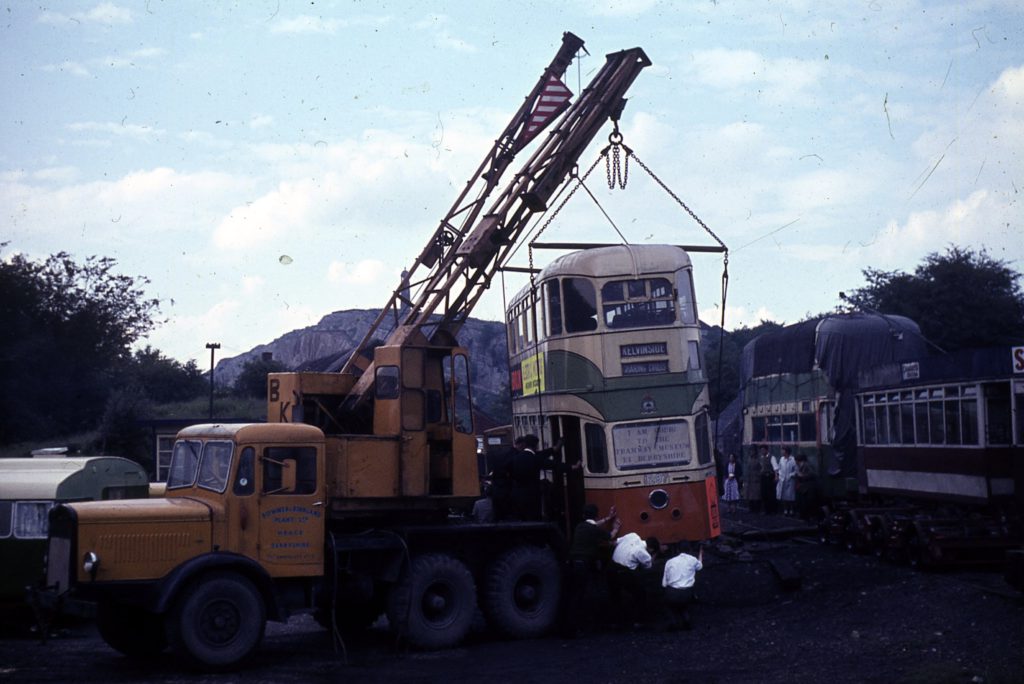 1297's arrival at Crich. Loading and unloading tramcars in those days was a much more precarious affair.in those days than it is now. Photo: Richard Lomas, 13/7/1963