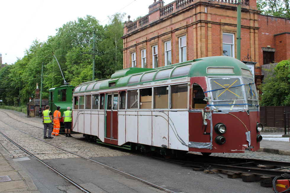 Blackpool 298 arrives at Crich 