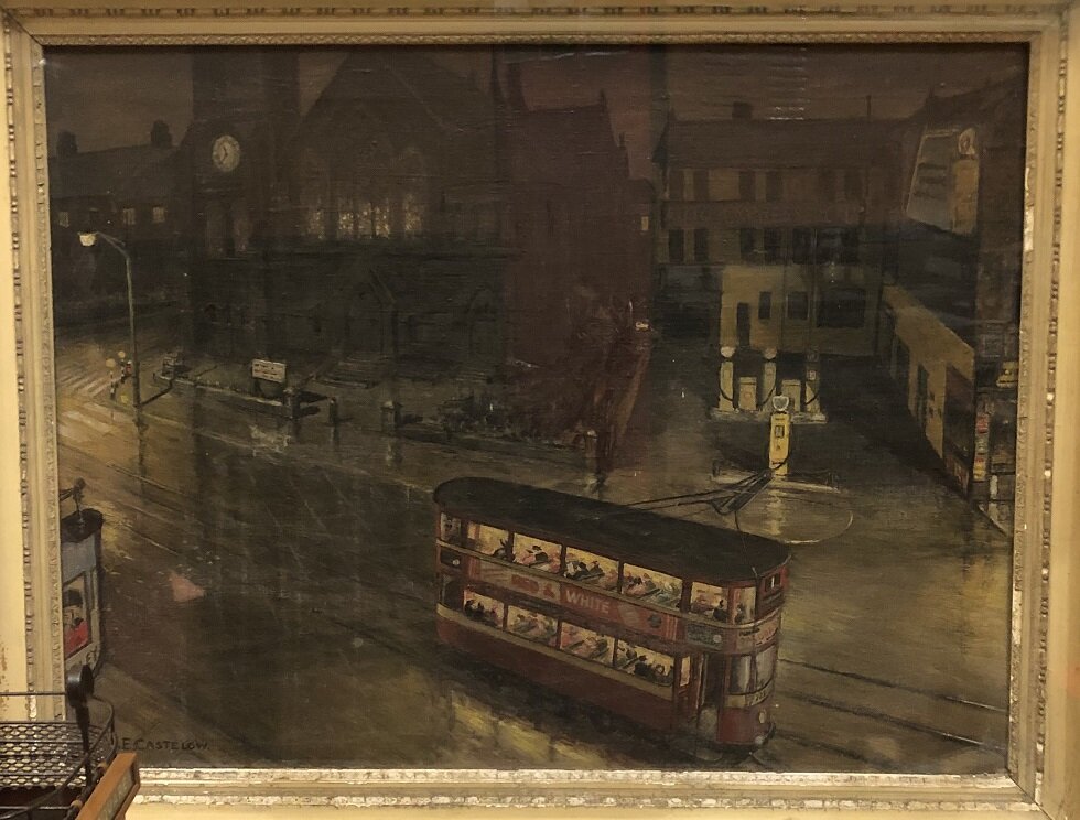  Painting by J.E. Castelow depicting the last tram running on the Lawnswood route in Leeds, 3rd March 1956.