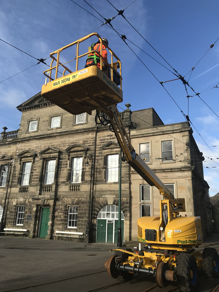 Pod-Trak inspecting the overhead line outside the Derby Assembly Rooms at Crich Tramway Village-