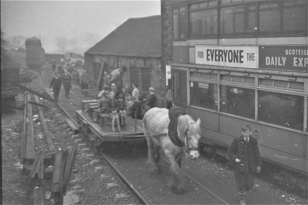 A white horse pulling a wagon along a track at Crich Tramway Museum.