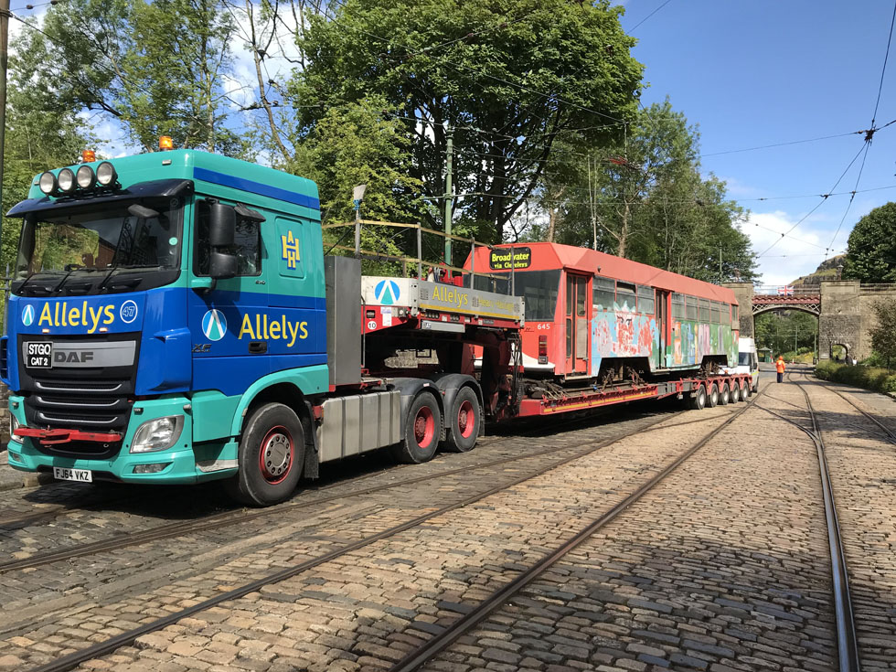 Blackpool 645 arrives at Crich 