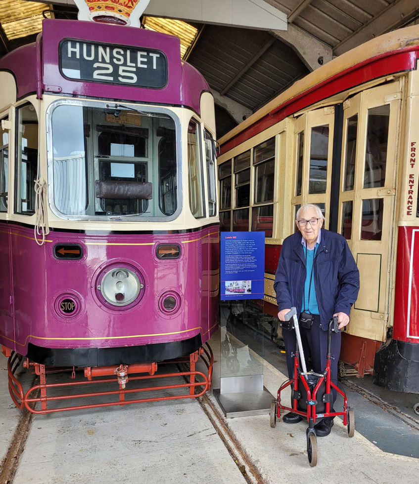 Dennis Roberts views Leeds 602 in the depot at Crich Tramway Village