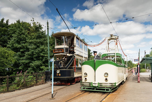 Sheffield 74 and Blackpool 236 at Crich Tramway Village